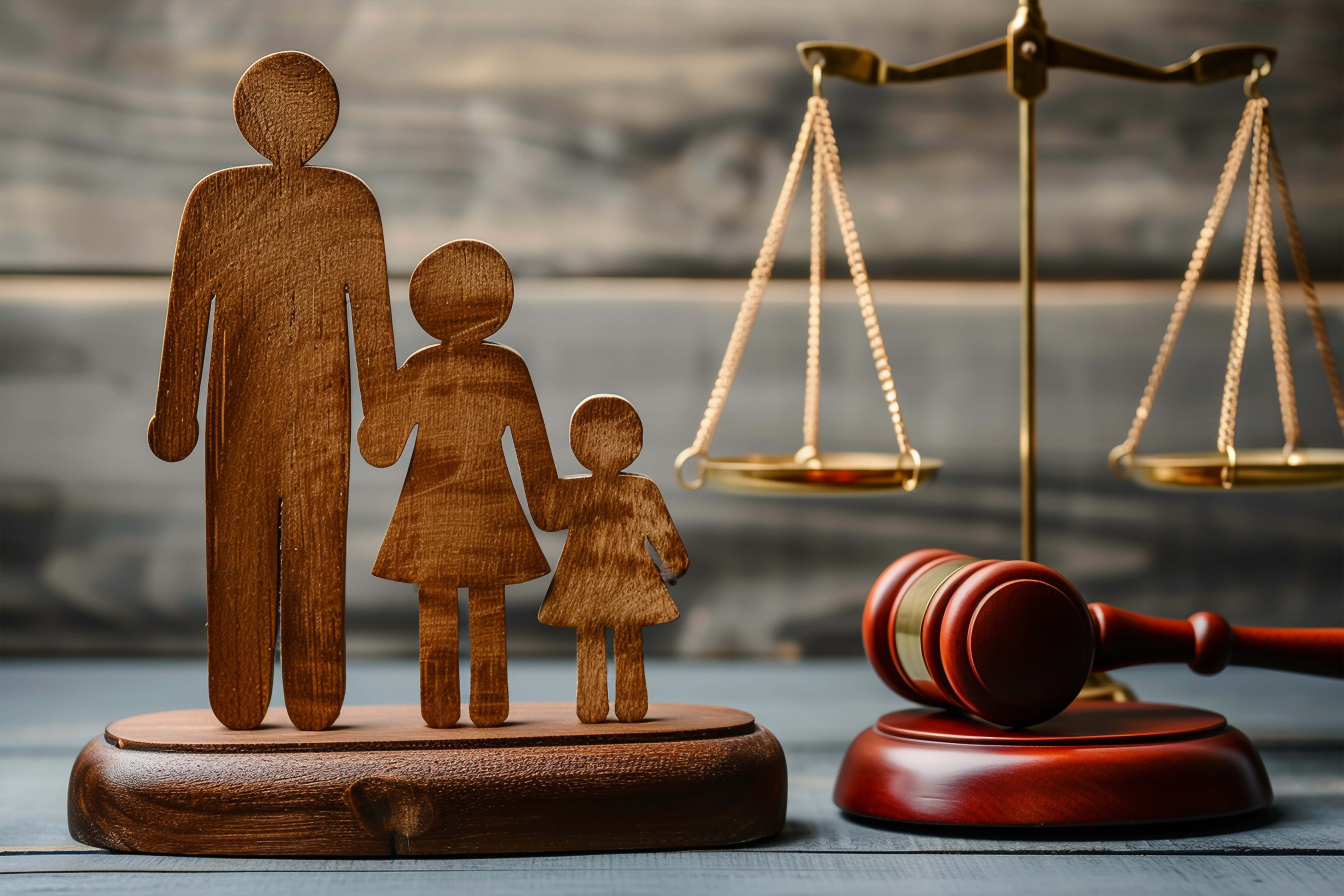 Paper cut-out family, judge's gavel, and scales of justice